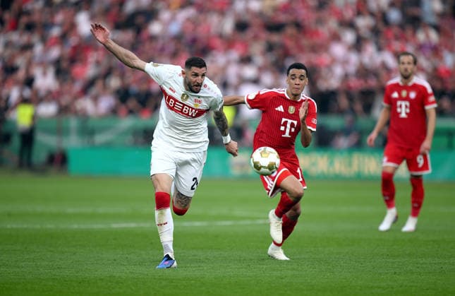 Soccer DFB Cup Final 2025 2026 in Berlin FC Bayern Muenchen VfB Stuttgart 23 05 2026 Jeff Chabot left, VfB Stuttgart vs Jamal Musiala right, FC Bayern Muenchen