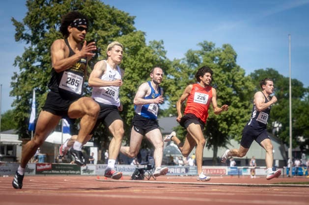 WEINHEIM, GERMANY - MAY 23 Jonathan Elias Reich (GER LT DSHS Köln), Niklas Wiethoff (GER LAC Quelle Fürth), Makrini Younes El (GER TSV Bayer o4 Leverkusen) and Noah Müller (GER Cologne Athletics) over 200m during the B&S Kurpfalz Gala am 23.05.2026 at the Sepp-Herberger-Stadium in Weinheim (Baden-Wuerttemberg Germany). Baden-Wuerttemberg Germany Copyright: xLeahxKohringx