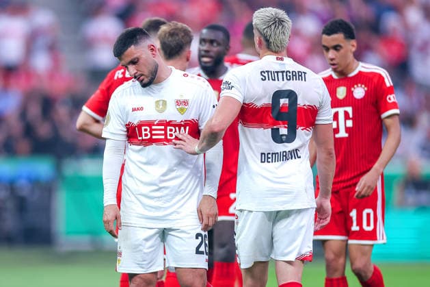 23 05 2026, Football, 83 DFB Pokal Final,, FC Bayern Munich VfB Stuttgart, Olympioastadion Berlin, Season 2025 2026 Deniz Undav VfB Stuttgart 26 disappointed Disappointment next to Ermedin Demirovic VfB Stuttgart 09 DFB regulations prohibit any use of photographs as image sequences and or quasi video Berlin Germany