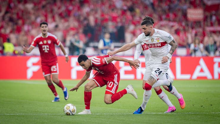 Berlin, Germany 23rd May 2026 Jamal Musiala FCB Jeff Chabot VfB Bayern Munich VfB Stuttgart 23 05 2026