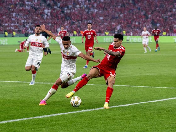 Soccer, Men, Season 2025 2026, 83 DFB Cup Final, FC Bayern Munich VfB Stuttgart, v l Luca Jaquez Stuttgart , Luis Diaz Bayern Munich , 23 05 2026, Copyright: xMatthiasxKochx
