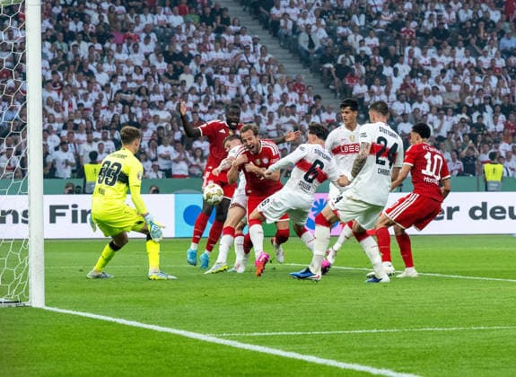 Soccer, Men, Season 2025 2026, 83 DFB Cup Final, FC Bayern Munich VfB Stuttgart, f l Goalkeeper Alexander Nübel Stuttgart , Dayot Upamecano Bayern Munich , Ramon Hendriks Stuttgart , Harry Kane Bayern Munich , Angelo Stiller Stuttgart , Chema Andres Stuttgart , Jeff Chabot Stuttgart , Jamal Musiala Bayern Munich , 23 05 2026, Copyright: xMatthiasxKochx