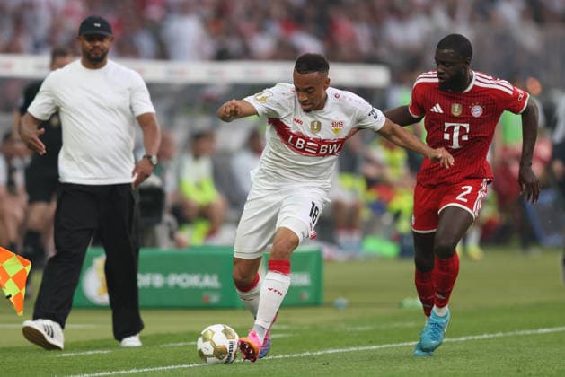 Soccer DFB Cup Final FC Bayern Munich VfB Stuttgart on 23 05 2026 at the Olympiastadion in Berlin Jamie Leweling Stuttgart , left Dayot Upamecano Munich , right DFB regulations prohibit any use of photographs as image sequences and or quasi video xJRx