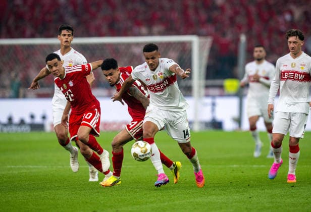 Soccer, Men, Season 2025 2026, 83 DFB Cup Final, FC Bayern Munich VfB Stuttgart, f l Chema Andres Stuttgart , Jamal Musiala Bayern Munich , Luis Diaz Bayern Munich , Luca Jaquez Stuttgart , Angelo Stiller Stuttgart , 23 05 2026, Copyright: xMatthiasxKochx