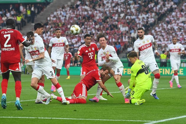 Penalty area scene from right goalkeeper Alexander NUEBEL VFB Stuttgart , Jeff CHABOT VFB Stuttgart , Angelo STILLER VFB Stuttgart , Harry KANE Bayern Muenchen , Jamal MUSIALA Bayern Muenchen , Ramon HENDRIKS VFB Stuttgart , Chema ANDRES VFB Stuttgart ,Dayot UPAMECANO Bayern Muenchen , Action,duel football 83 DFB Pokal Final 2026 FC Bayern Muenchen VfB Stuttgart on 23 05 2026, Olympiastadion in Berlin DFL DFB regulations prohibit any use of photographs as image sequences and or quasi video