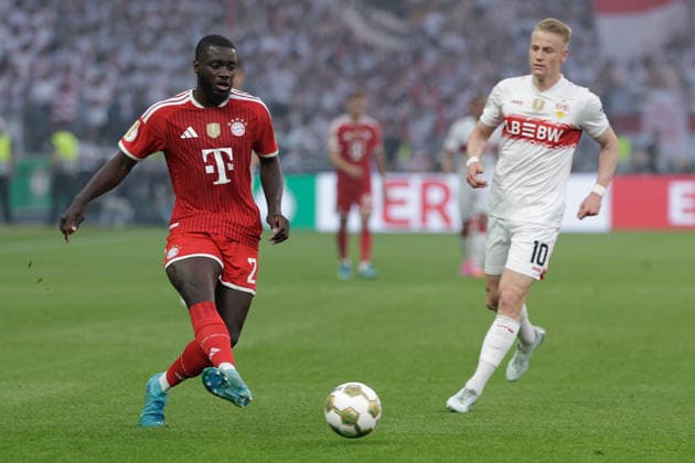 Soccer DFB Cup Final FC Bayern Munich VfB Stuttgart on 23 05 2026 at the Olympiastadion in Berlin Dayot Upamecano Munich , front Chris Führich Stuttgart , back DFB regulations prohibit any use of photographs as image sequences and or quasi video xJRx