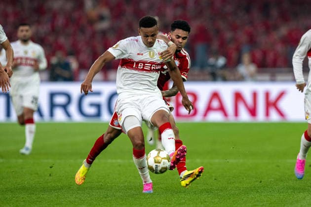 Luca Jaquez VfB Stuttgart in duel with Luis Diaz FC Bayern Muenchen xettx, Germany, Berlin, 23 05 2026, Soccer, DFB Pokal FC Bayern Muenchen vs VfB Stuttgart, Season 2025 2026, Final, Olympiastadion DFL DFB REGULATIONS PROHIBIT ANY USE OF PHOTOGRAPHS AS IMAGE SEQUENCES AND OR QUASI VIDEO