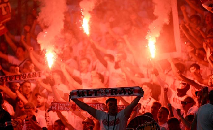 Football DFB Cup Final 2025 2026 in Berlin FC Bayern Muenchen VfB Stuttgart 23 05 2026 VfB Stuttgart Fans , ULTRAS with Bengal Fire, Phyro,