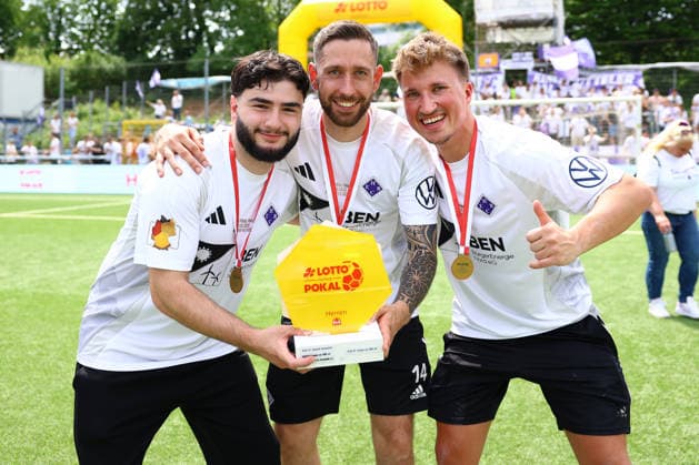 33 Muhammet Ali Aktürk HEBC and 14 Raoul Bouveron HEBC celebrate winning the Lotto Cup Football I Mens I Lotto Cup I Season 2025 2026 I Final I SC Vorwärts Wacker04 Billstedt HEBC I 23 05 2026 I Stadion Hoheluft