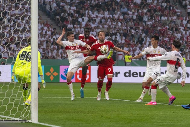 Ramon Hendriks VfB Stuttgart , Dayot Upamecano, Harry Edward Kane FC Bayern Muenchen , Chema Jose Maria Andres Baixauli and Angelo Stiller VfB Stuttgart xettx, Germany, Berlin, 23 05 2026, Football, DFB Pokal FC Bayern Muenchen vs VfB Stuttgart, Season 2025 2026, Final, Olympiastadion DFL DFB REGULATIONS PROHIBIT ANY USE OF PHOTOGRAPHS AS IMAGE SEQUENCES AND OR QUASI VIDEO