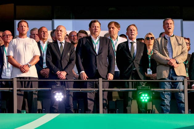 23 05 2026, Football, 83 DFB Cup Final,, FC Bayern Munich VfB Stuttgart, Olympioastadion Berlin, Season 2025 2026 National Coach Julian Nagelsmann GER National Coach and President of the German Football Association Bernd Neuendorf, Lars Klingbeil Deputy Federal Chancellor Politics Pplitiker , Hans Joachim Watzke President BVB and Markus Söder Prime Minister of Bavaria in the grandstand DFB regulations prohibit any use of photographs as image sequences and or quasi video Berlin Germany