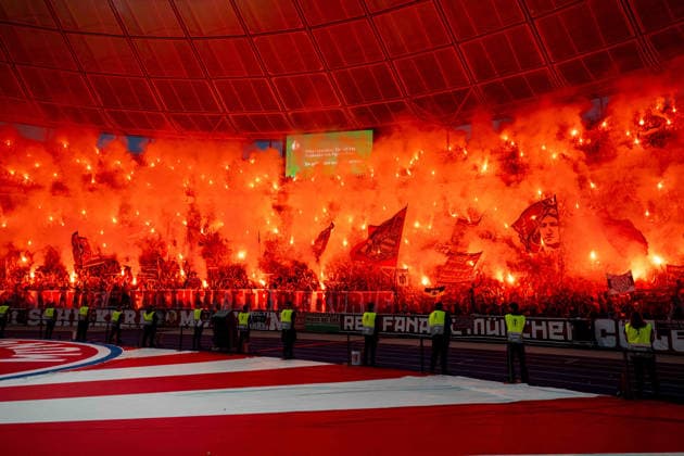 Soccer, men, 2025 2026 season, 83 DFB Cup final, FC Bayern Munich VfB Stuttgart, Bayern fans set off pyrotechnics, 23 05 2026, Copyright: xMatthiasxKochx
