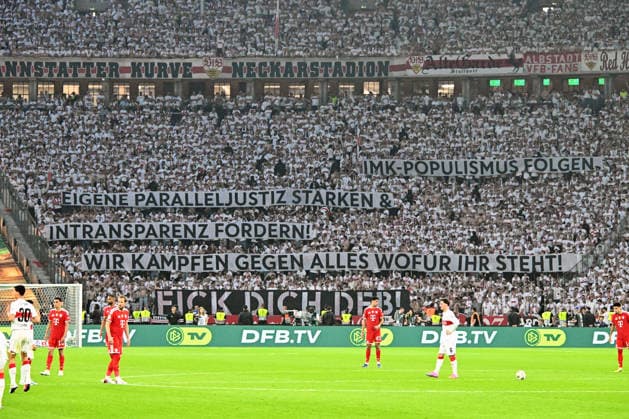 23 05 2026, xsltx, Football DFB Cup Final, FC Bayern Munich VfB Stuttgart v l Fans, Atmosphere, Scarves, Flags, Visitors, Commando Cannstatt, Ultras VfB Stuttgart Banner, Banner DFL DFB REGULATIONS PROHIBIT ANY USE OF PHOTOGRAPHS as IMAGE SEQUENCES and or QUASI VIDEO Berlin