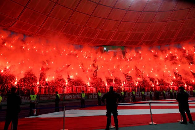 Football, Men, DFB Cup Final, Season 2025 2026, FC Bayern Munich VFB Stuttgart, Olympiastadion Berlin Pyro, Bengalo, Fire in the fan curves, here the curve of FC Bayern Munich DFB, DFL regulations prohibit any use of photographs as image sequences and or quasi video