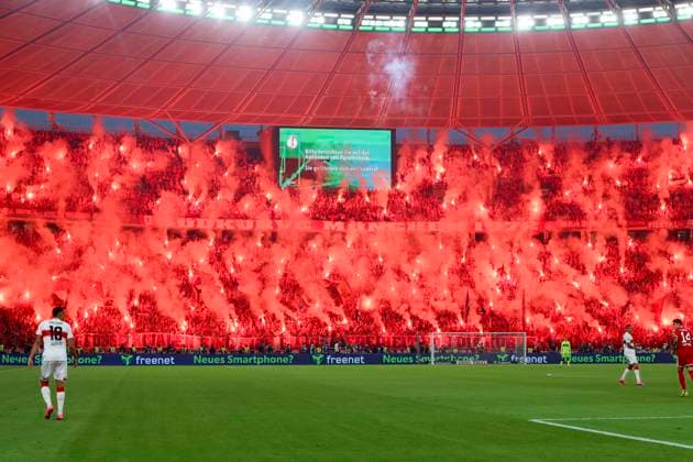 FC Bayern Munich fans set off pyrotechnics in the stand, DFB Cup Final 2026, FC Bayern Munich v VfB Stuttgart, Olympiastadion on May 23, 2026 in Berlin, Germany Photo by Marco Steinbrenner DeFodi Images FC Bayern Munich fans set off pyrotechnics in the stand, DFB Cup Final 2026, FC Bayern Munich v VfB Stuttgart, Olympiastadion, May 23, 2026 in Berlin, Germany Photo by Marco Steinbrenner DeFodi Images