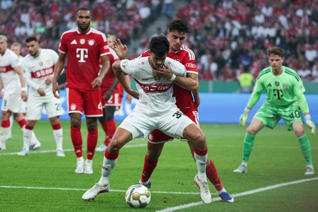 DFB Cup Final FC Bayern Munich VfB Stuttgart on 23 05 2026 at the Olympic Stadium in Berlin Chema Andres Stuttgart 30 and Aleksandar Pavlovic Muenchen 45 fight for the ball MH