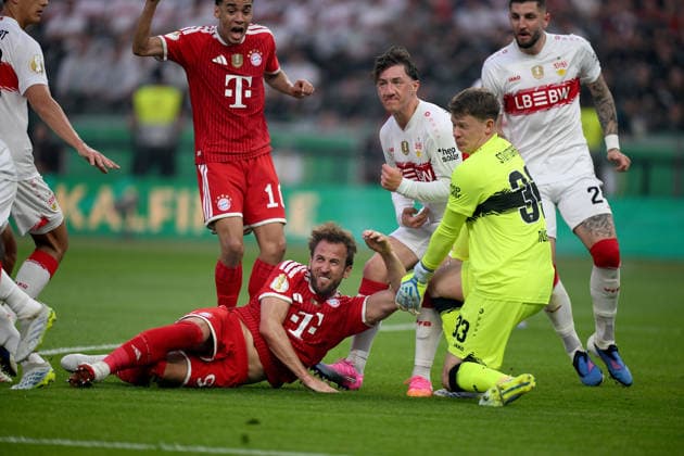 Football DFB Cup Final 2025 2026 in Berlin FC Bayern Muenchen VfB Stuttgart 23 05 2026 v li , Jamal Musiala FC Bayern Muenchen vs Harry Kane FC Bayern Muenchen vs Angelo Stiller VfB Stuttgart vs Goalkeeper Alexander Nuebel VfB Stuttgart