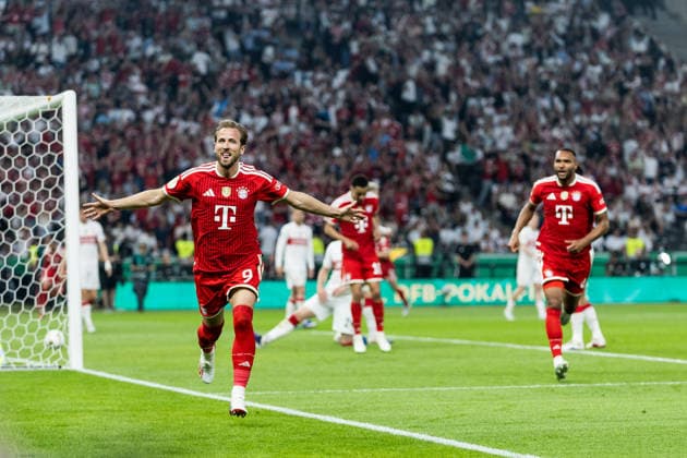 BERLIN, GERMANY - MAY 23: Harry Kane (FC Bayern Muenchen, 9) celebrates scoring the 1:0 goal during the DFB Pokal Final match between FC Bayern Muenchen vs. VfB Stuttgart at Olympic Stadium on May 23, 2026 in Berlin, Germany. DFB REGULATIONS PROHIBIT ANY USE OF PHOTOGRAPHS AS IMAGE SEQUENCES AND OR QUASI-VIDEO. Berlin Germany Copyright: xSteffiexWunderlx