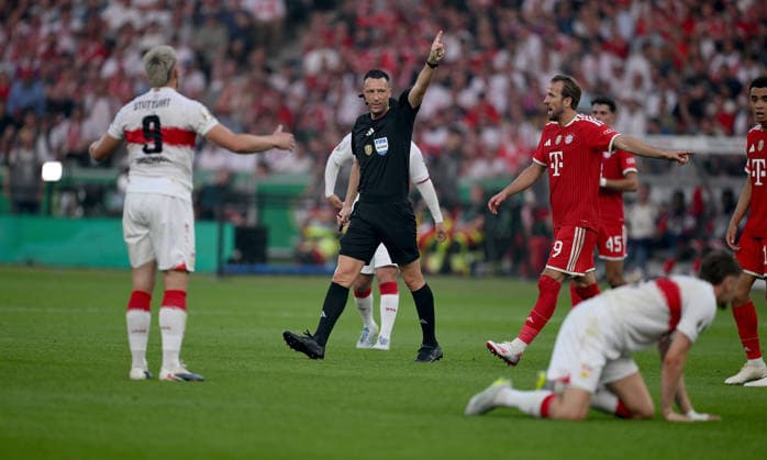 Football DFB Cup Final 2025 2026 in Berlin FC Bayern Muenchen VfB Stuttgart 23 05 2026 Ermedin Demirovic VfB Stuttgart Referees Sven Jablonski and Harry Kane FC Bayern Muenchen