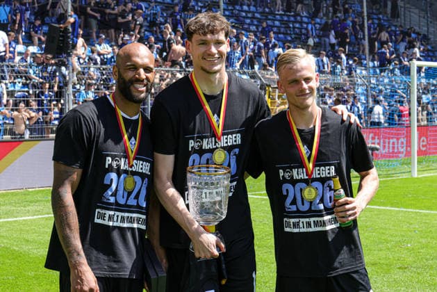 23 05 2026, xhettx, Fußball Landespokal Baden Finale, VfR Mannheim SV Waldhof Mannheim v l Terrence Boyd SV Waldhof Mannheim, 13 Jan Marco Niemann SV Waldhof Mannheim, 16 , Janne Sietan SV Waldhof Mannheim, 22 DFL DFB REGULATIONS PROHIBIT ANY USE OF PHOTOGRAPHS as IMAGE SEQUENCES and or QUASI VIDEO