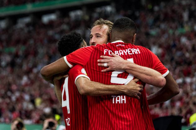 BERLIN, GERMANY - MAY 23: Harry Kane (FC Bayern Muenchen, 9) celebrates scoring the 1:0 goal during the DFB Pokal Final match between FC Bayern Muenchen vs. VfB Stuttgart at Olympic Stadium on May 23, 2026 in Berlin, Germany. DFB REGULATIONS PROHIBIT ANY USE OF PHOTOGRAPHS AS IMAGE SEQUENCES AND OR QUASI-VIDEO. Berlin Germany Copyright: xSteffiexWunderlx