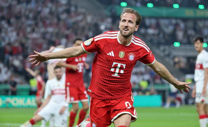 Harry Kane cheers after scoring 1 0 Joy Emotion Cheers Sport Football Soccer Final DFB Cup 2026 Season 2025 2026 23 05 2026 FC Bayern Munich FCB vs VfB Stuttgart