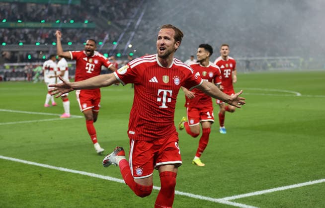 Football, Men, DFB Cup Final, Season 2025 2026, FC Bayern Munich VFB Stuttgart, Olympiastadion Berlin 1 0 by Harry Kane FC Bayern Munich Goal, Cheering, Leadership DFB, DFL regulations prohibit any use of photographs as image sequences and or quasi video