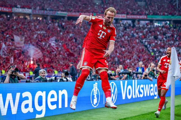 23 05 2026, Football, 83 DFB Pokal Final,, FC Bayern München VfB Stuttgart, Olympioastadion Berlin, Season 2025 2026 Goal celebration after the goal to 1 0 by scorer Harry Kane FC Bayern Muenchen 09 DFB regulations prohibit any use of photographs as image sequences and or quasi video Berlin Germany