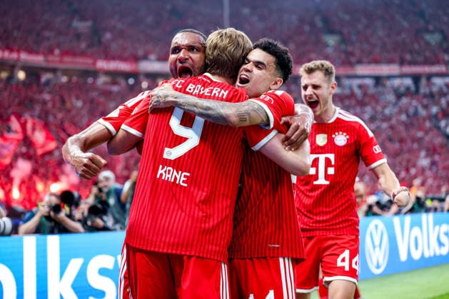 23 05 2026, Football, 83 DFB Pokal Final,, FC Bayern München VfB Stuttgart, Olympioastadion Berlin, Season 2025 2026 Goal celebration after the goal to 1 0 by scorer Harry Kane FC Bayern Muenchen 09 together with Jonathan Tah FC Bayern Muenchen 04 Aleksandar Pavlovic FC Bayern Muenchen 45 DFB regulations prohibit any use of photographs as image sequences and or quasi video Berlin Germany