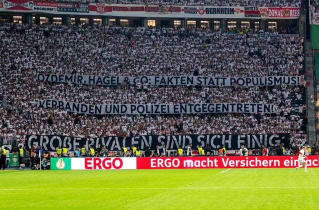 Soccer, men, 2025 2026 season, 83 DFB Cup final, FC Bayern Munich VfB Stuttgart, Stuttgart fans with banners against the DFB, 23 05 2026, Copyright: xMatthiasxKochx