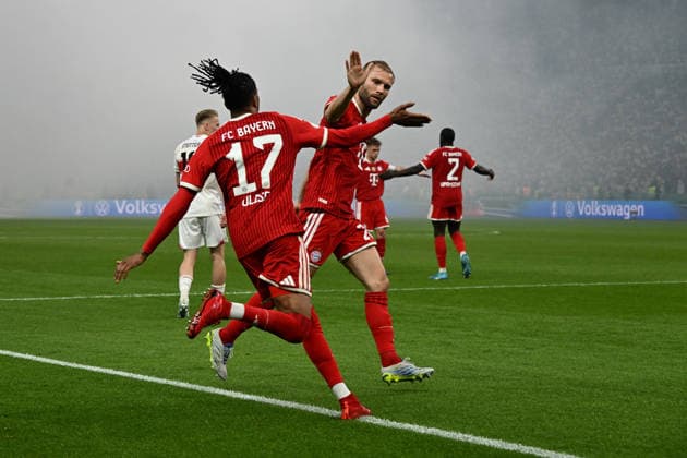 23 05 2026, xsltx, Fußball DFB Pokal Finale, FC Bayern München VfB Stuttgart v l Torjubel nach dem Tor zum 1 0 bei Michael Olise FC Bayern Muenchen Konrad Laimer FC Bayern Muenchen DFL DFB REGULATIONS PROHIBIT ANY USE OF PHOTOGRAPHS as IMAGE SEQUENCES and or QUASI VIDEO Berlin