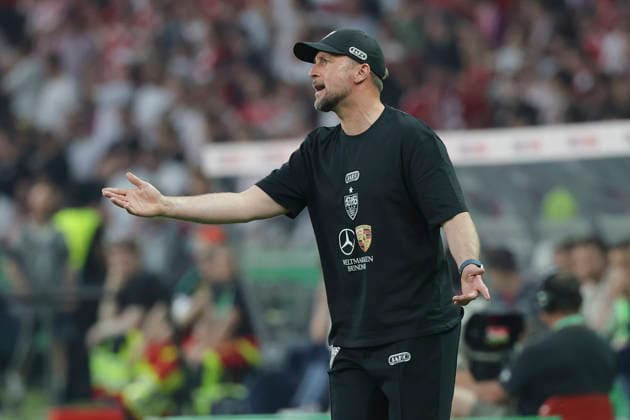 Trainer Sebastian Hoeness VfB Stuttgart gestures during the DFB Cup Final 2026 match between FC Bayern München and VfB Stuttgart at Olympiastadion on May 23, 2026 in Berlin, Germany Photo by Oliver Kaelke DeFodi Images