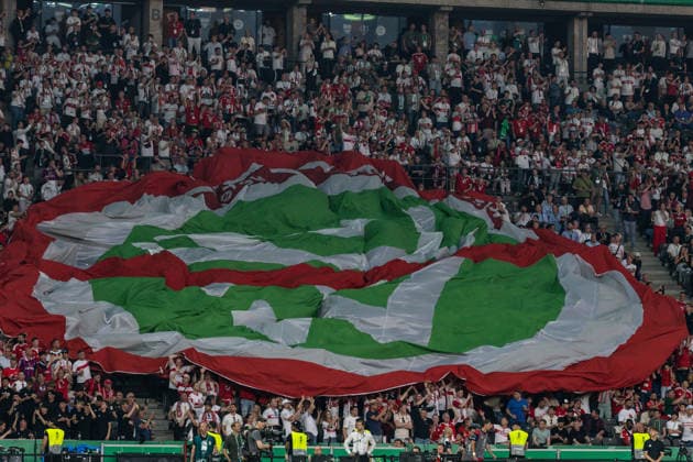 GER, DFB Cup final, training and press conference, FC Bayern Munich VfB Stuttgart 23 05 2026, Olympiastadion, Olympiastadion, GER, DFB Cup final, training and press conference, FC Bayern Munich VfB Stuttgart Banner campaign of the fans of VfB Stuttgart and FC Bayern Munich Â nordphotoxGmbHxx xAlexanderxTrienitz nph00051
