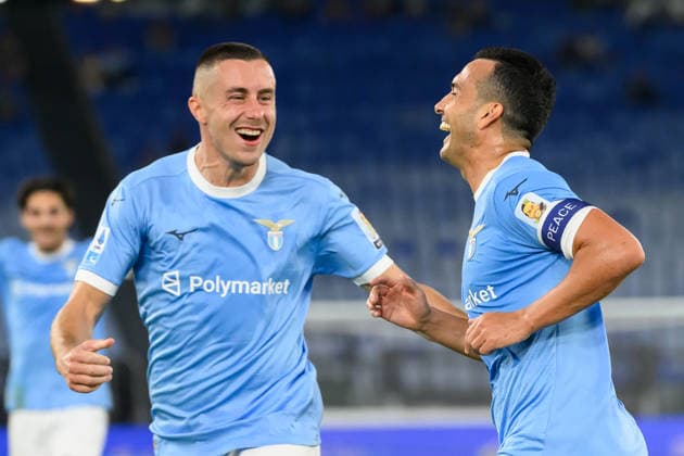 Pedro Eliezer Rodriguez Ledesma of SS Lazio celebrates with Adam Marusic after scoring the goal of 2-1 during the Serie A 2025 2026 football match between SS Lazio and Pisa SC 1909 at Stadio Olimpico in Rome (Italy), May 23, 2026. AndreaxStaccioli
