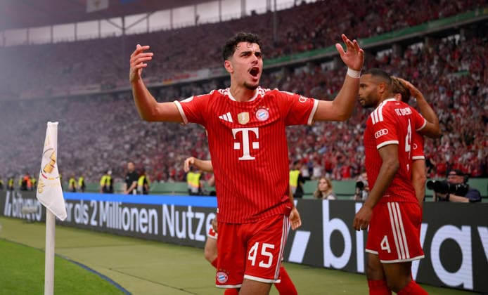 Football DFB Cup Final 2025 2026 in Berlin FC Bayern Muenchen VfB Stuttgart 23 05 2026 FC Bayern Muenchen cheer after the goal to 1 0, Aleksandar Pavlovic