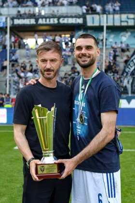23 05 2026, GER, Football, Men, Niederrheinpokal Final, Season 2025 2026, SC St Tönis MSV Duisburg Branimir Bajic and Rasim Bulic MSV Duisburg with the Niederrheinpokal Duisburg schauinsland reisen Arena Nordrhein Westfalen Germany Copyright: xAdrianxSchlüterx