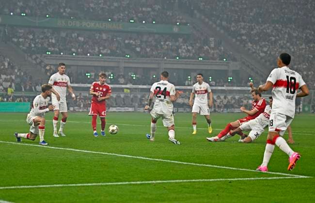 23 05 2026, Football DFB Pokal 2025 2026, Final, FC Bayern Munich VfB Stuttgart, in the Olympiastadion Berlin Harry Kane FC Bayern Munich scores the 2 0 here DFL and DFB regulations prohibit any use of photographs as image sequences and or quasi video