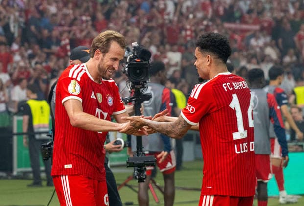 Soccer, Men, Season 2025 2026, 83 DFB Cup Final, FC Bayern Munich VfB Stuttgart, Harry Kane Bayern Munich , Luis Diaz Bayern Munich , Cheering after scoring 2 0, 23 05 2026, Copyright: xMatthiasxKochx