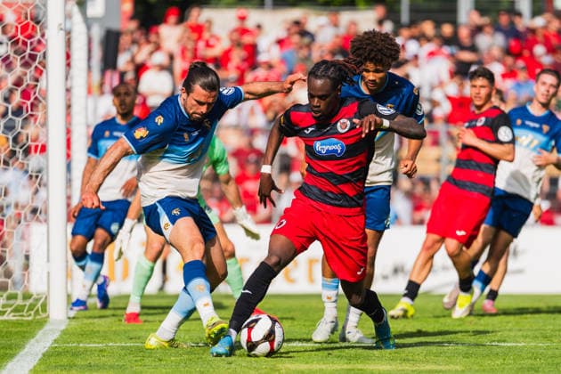 David Haider Al Azzawe Fortuna Koeln, 15 attacks Yannick Tonye Viktoria Köln, 30 in the penalty area who has the ball and kicks him on the ankle, Neo Telle Fortuna Koeln, 31 , duel Fortuna Köln vs FC Viktoria Köln, Football, Central Rhine State Cup 2025 26, Final, Season 2025 26, 23 05 2026, Fortuna Köln vs FC Viktoria Köln, Football, Central Rhine State Cup, Final, Season 2025 26, 23 05 2026 Köln Copyright: xEibner-Pressefoto LukasxBaldygax EP_LBA