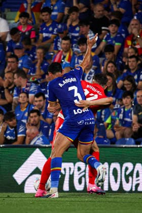 Getafe vs Osasuna, on the 38th matchday of the 2025 26 Spanish First Division May 23, 2026, Getafe, Madrid, Spain Budimir and Adqar fight for the ball during the Spanish championship LaLiga football match between Getafe and Osasuna on 23 May 2026 at Estadio El Coliseum in Getafe, Madrid, Spain Madrid Madrid Spain Copyright: xAlejandroxMatiasx