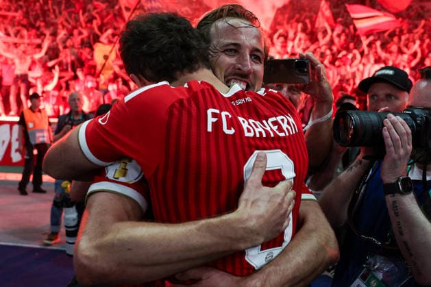 DFB Cup Final FC Bayern Munich VfB Stuttgart on 23 05 2026 at the Olympic Stadium in Berlin Cheering, goal celebration, goal scorer Harry Kane Muenchen 9 cheers after his goal for 3 0 with Leon Goretzka Muenchen 8 MH