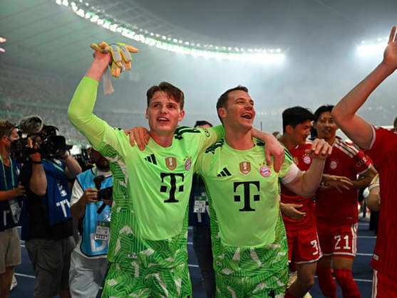 23 05 2026, Football DFB Pokal 2025 2026, Final, FC Bayern Munich VfB Stuttgart, in the Olympiastadion Berlin f l Goalkeeper Jonas Urbig FC Bayern Munich and goalkeeper Manuel Neuer FC Bayern Munich DFL and DFB regulations prohibit any use of photographs as image sequences and or quasi video