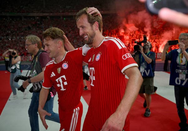 Football DFB Cup Final 2025 2026 in Berlin FC Bayern Muenchen VfB Stuttgart 23 05 2026 FC Bayern Muenchen celebrating after the victory and DFB Cup winner , from left , Joshua Kimmich with Harry Kane