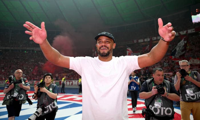 Football DFB Cup Final 2025 2026 in Berlin FC Bayern Muenchen VfB Stuttgart 23 05 2026 Cheering FC Bayern Muenchen after the victory and DFB Cup winner , coach Vincent Kompany cheers in the fan curve