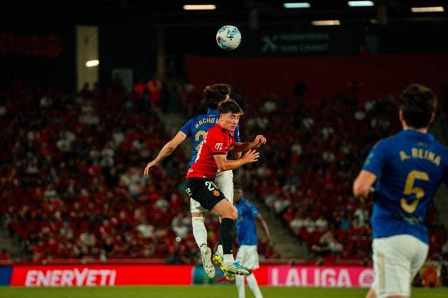 ESP LaLiga EA Sports RCD Mallorca v Real Oviedo Nacho Vidal of Real Oviedo challenges for a header with Pablo torre of Mallorca during LaLiga EA Sports, between RCD Mallorca v Real Oviedo played at Son Moix Stadium in Mallorca on May 23rd, 2026 in Spain Mallorca Spain Futbol Copyright: xAgenciaxLOFx