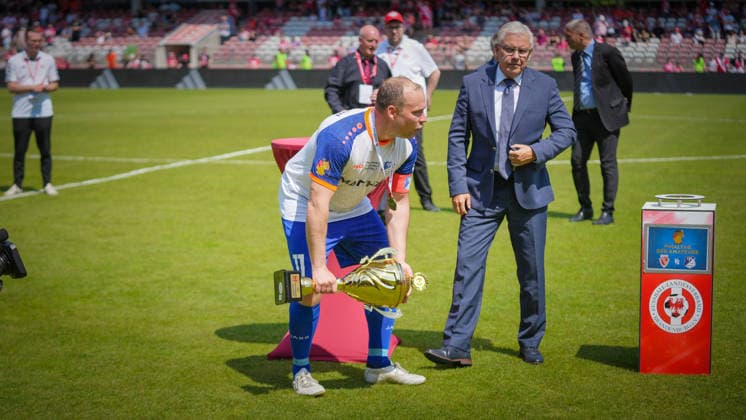 Soccer, Men, Season 2025 2026, Brandenburg State Cup, Final, Final day of the amateurs, FC Energie Cottbus vs VfB 1921 Krieschow, Saturday 23 05 2026, LEAG Energie Stadion Cottbus, In the picture Andy Hebler with the trophy of the Brandenburg State Cup Brandenburg Germany