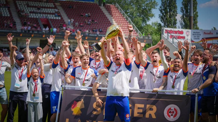 Soccer, Men, Season 2025 2026, Brandenburg State Cup, Final, Final day of the amateurs, FC Energie Cottbus vs VfB 1921 Krieschow, Saturday 23 05 2026, LEAG Energie Stadion Cottbus, In the picture VfB Krieschow celebrates the victory in the Brandenburg State Cup Brandenburg Germany