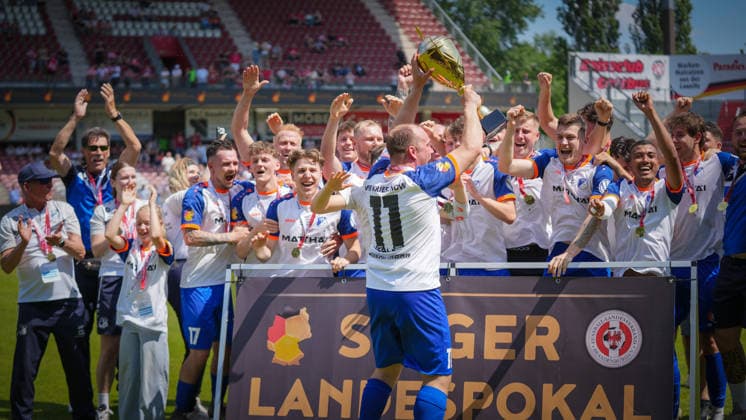 Soccer, Men, Season 2025 2026, Brandenburg State Cup, Final, Final day of the amateurs, FC Energie Cottbus vs VfB 1921 Krieschow, Saturday 23 05 2026, LEAG Energie Stadion Cottbus, In the picture VfB Krieschow celebrates the victory in the Brandenburg State Cup Brandenburg Germany