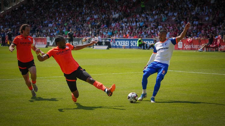 Soccer, Men, Season 2025 2026, Brandenburg State Cup, Final, Final day of the amateurs, FC Energie Cottbus vs VfB 1921 Krieschow, Saturday 23 05 2026, LEAG Energie Stadion Cottbus, In the picture Anderson Lucoqui l Energie and Miguel Pereira Rodrigues r Krieschow Brandenburg Germany