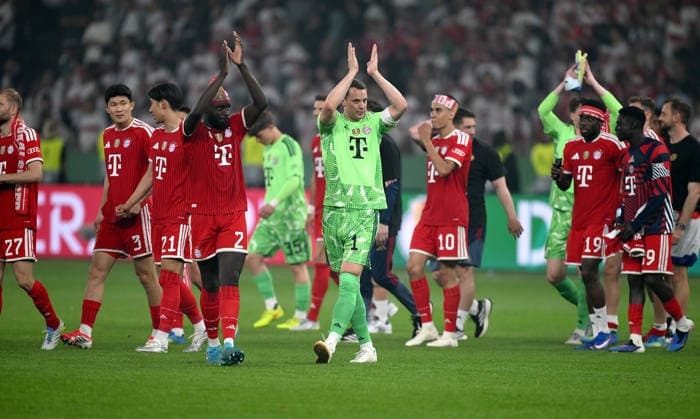 Football DFB Cup Final 2025 2026 in Berlin FC Bayern Muenchen VfB Stuttgart 23 05 2026 Winner FC Bayern Muenchen cheers after the victory from left , Dayot Upamecano with goalkeeper Manuel Neuer